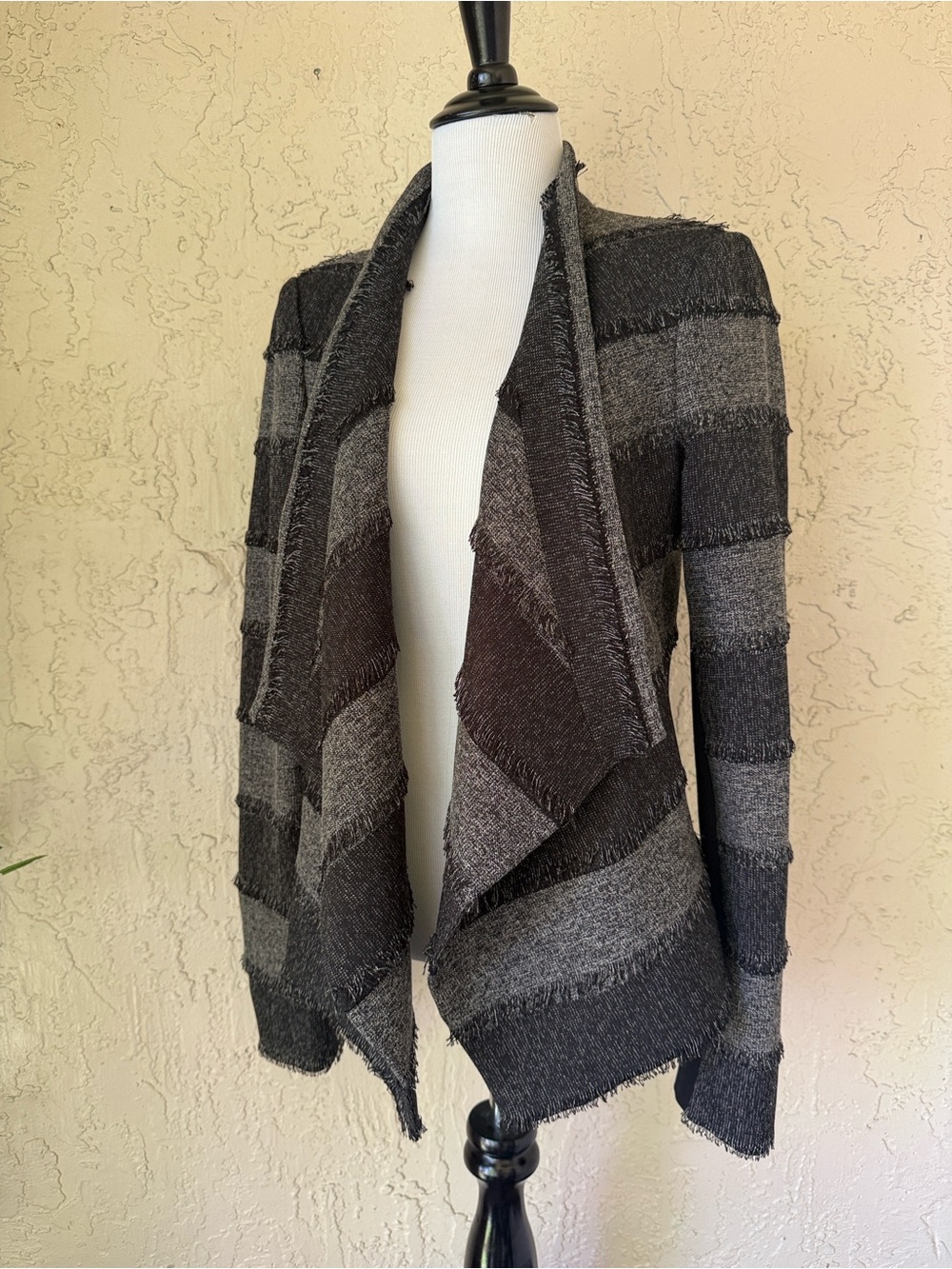 BCBGMaxAzria Gray and Black Striped Open-Front jacket. - Picture 1 of 10